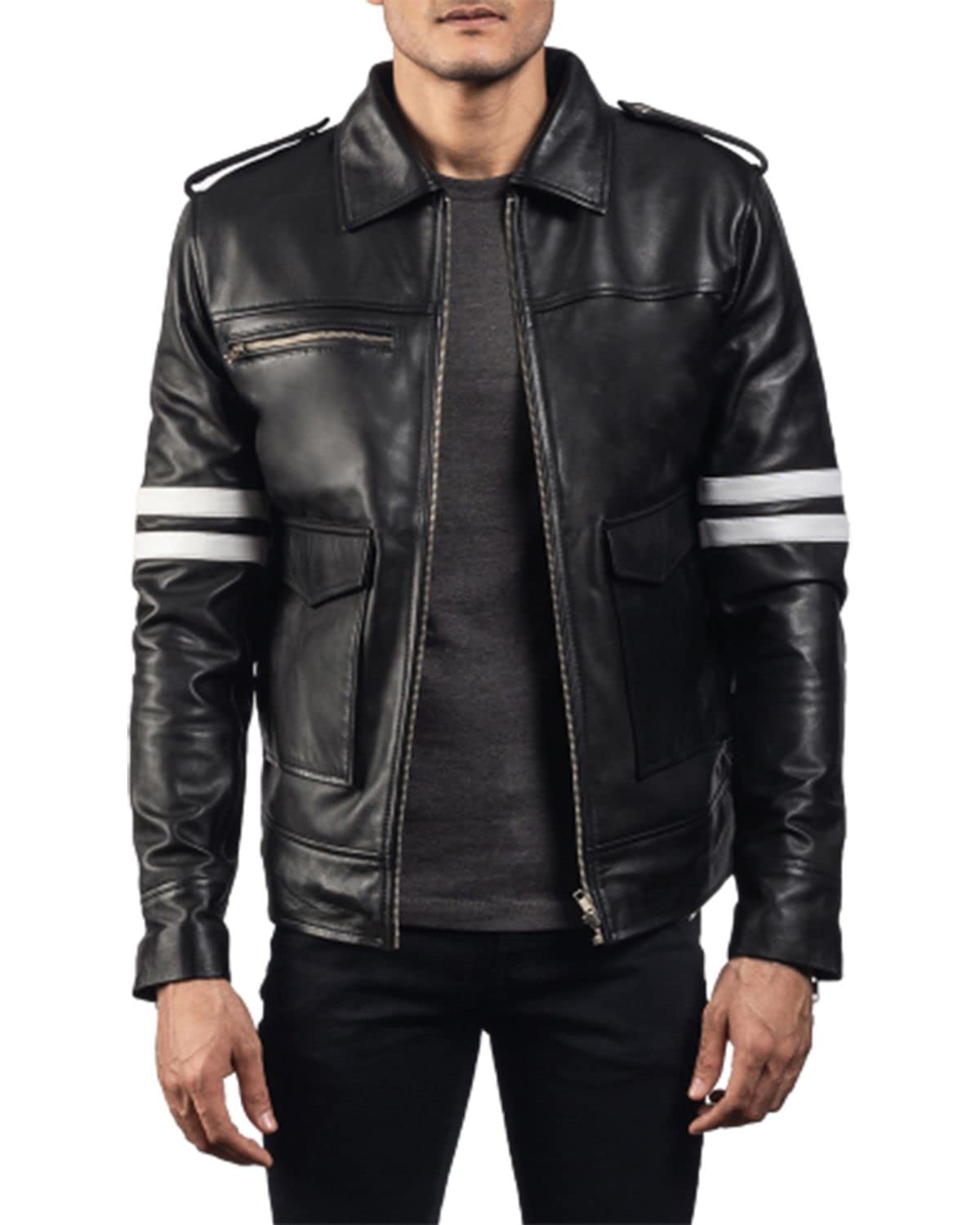Amazon.com: Slaggerz Men's Black Biker With White Stripes Leather