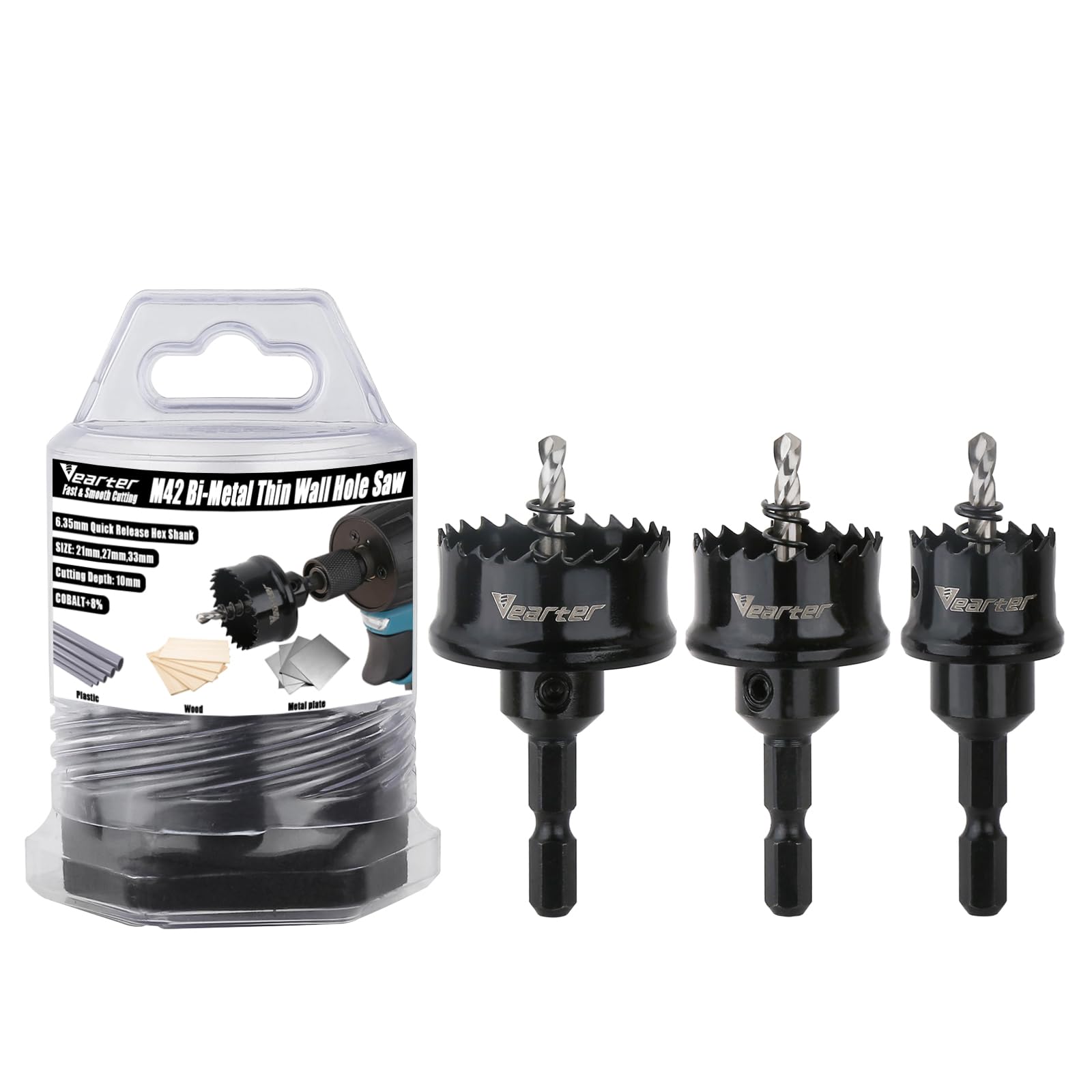 Vearter Bi-Metal Hole Saw Set 3PCS, 21-33mm Cobalt M42 Bimetal Circular Hole Drill Kit Hex Shank, Thin Wall Wood Drill with Arbors, for Wood, Metal, Copper, Plaster, PVC, Steel Plate, Drywall โ image 1