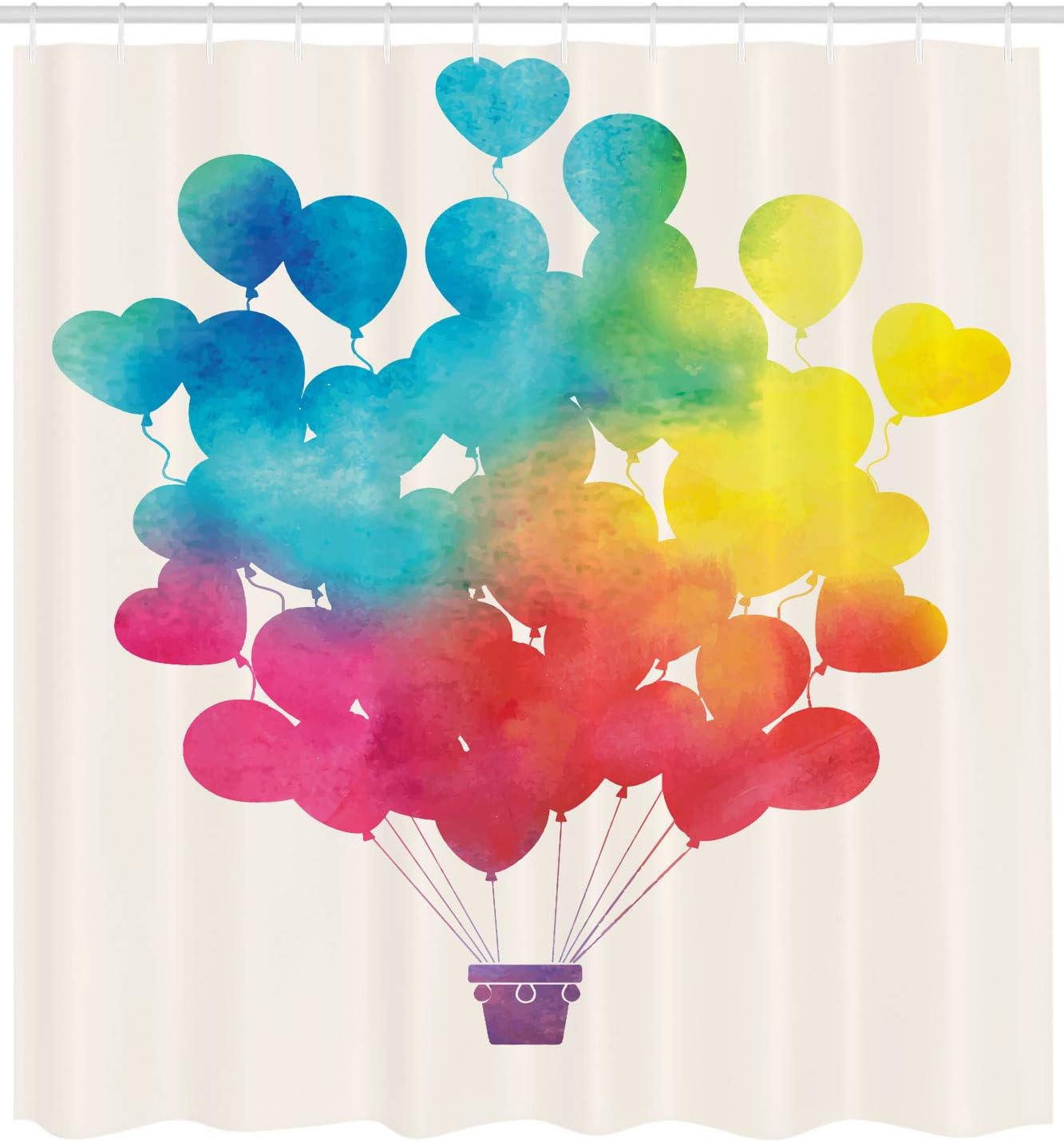 Ambesonne Watercolor Shower Curtain, Hot Air Balloon Rainbow Colors Heart Shapes Cheerful Happy, Cloth Fabric Bathroom Decor Set with Hooks, 69" W x 75" L, Sky Blue Yellow Pink Red