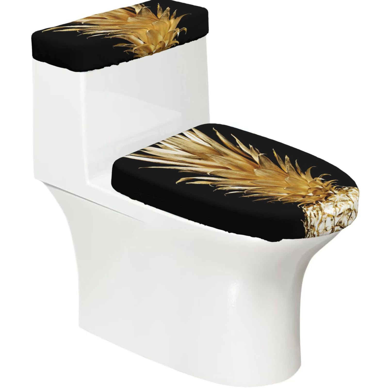 Gold Pineapple Print 2-Piece Stretch Toilet Cover Set, Elastic Breathable Toilet Seat and Tank Lid Protector