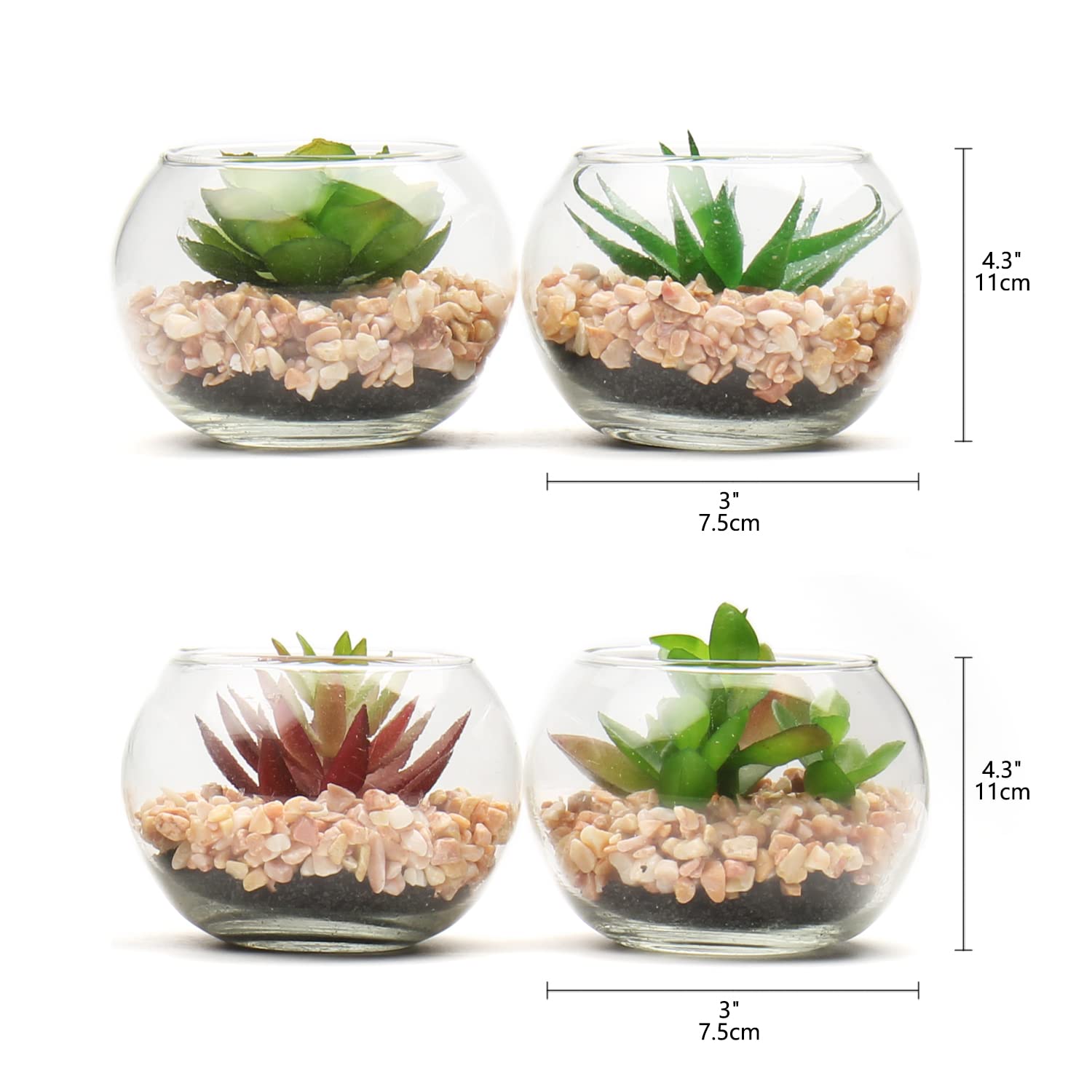 Briful Lot de 4 petites plantes succulentes artificielles en pot, fausses plantes grasses décoratives dans des pots géométriques en verre pour la maison, le bureau, la cuisine, la salle de bain, la
