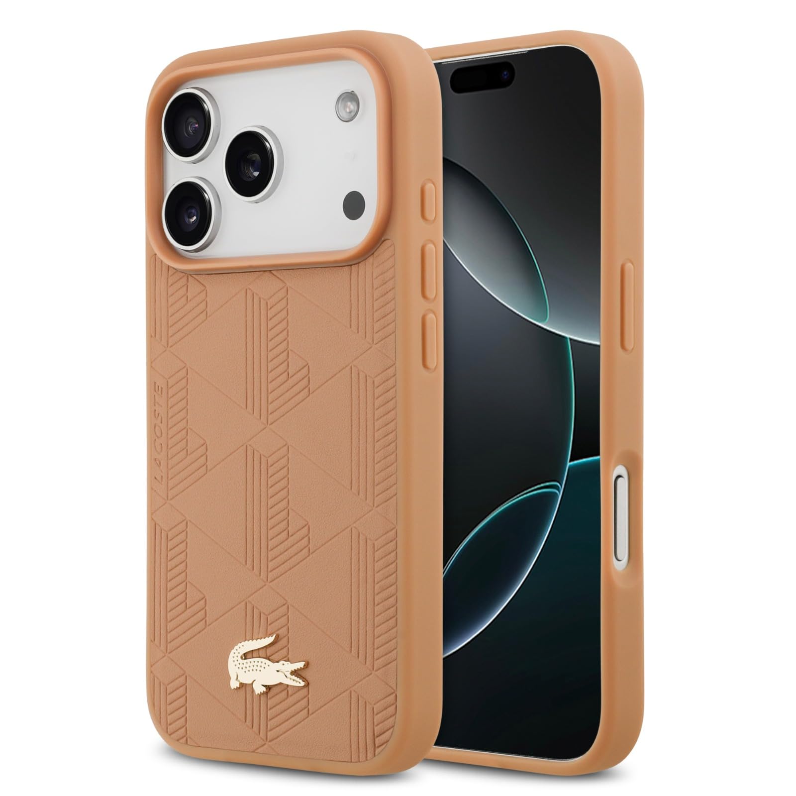 Etui na iPhone'a 17 Pro Max, Lacoste kompatybilne z MagSafe, skóra PU, monogram, złote logo, stylowe, odporne na wstrząsy, różowe