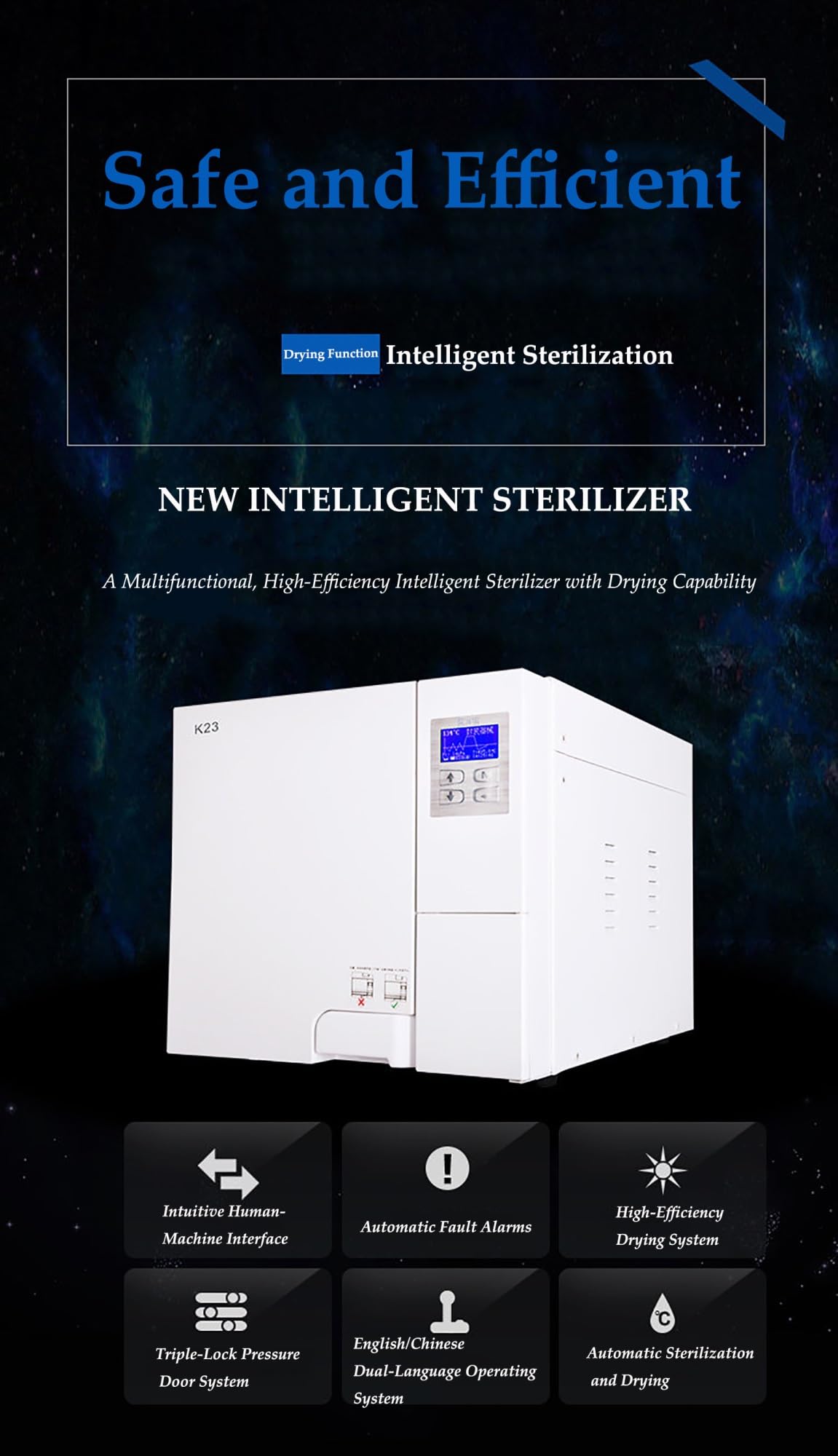 Nueva actualización de esterilizador de autoclave de 18 l/23 L, esterilizador de vapor de alta presión de clase B de mesa de 2000 W, máquina de autoclave con función de secado(18L)