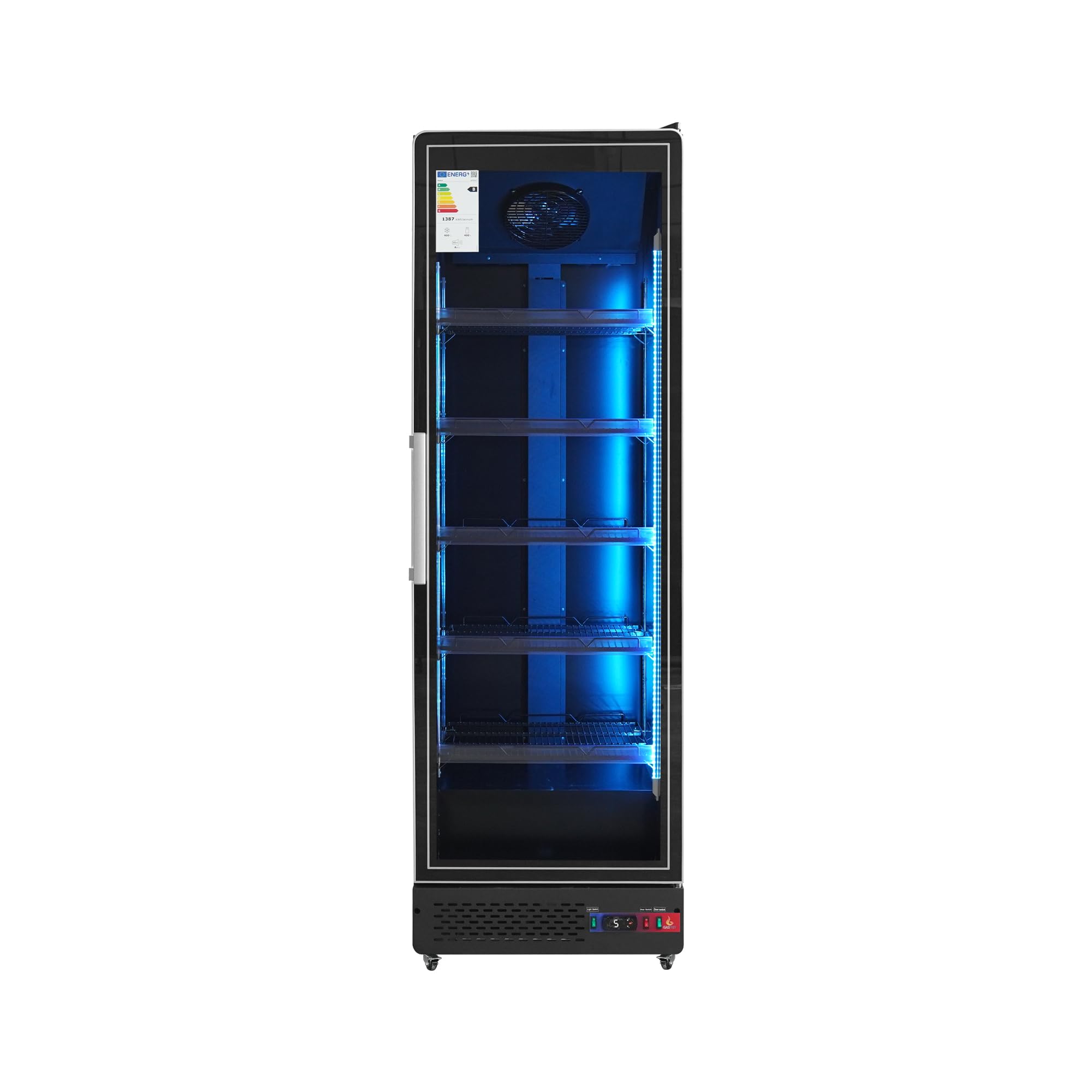 Armario Expositor Refrigerado Profesional | 1 Puerta Cristal, Sub-Zero, 450L, Luz LED Multicolor, Control Digital CAREL, Ventilado, Clase Energética B, Acero Inox Negro