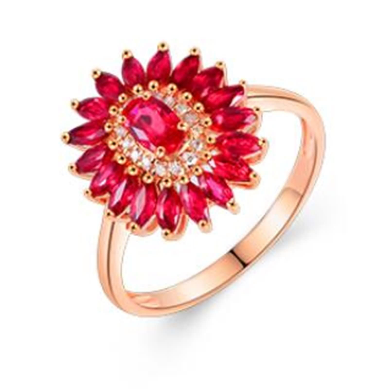 Anelli Fedi Nuziali di Oro Rosa 9K / 14K / 18K Donna, Fiore con Rubino Sintetico da 1,69ct e Moissanite, Donna Anello Fedina di Oro Rosa