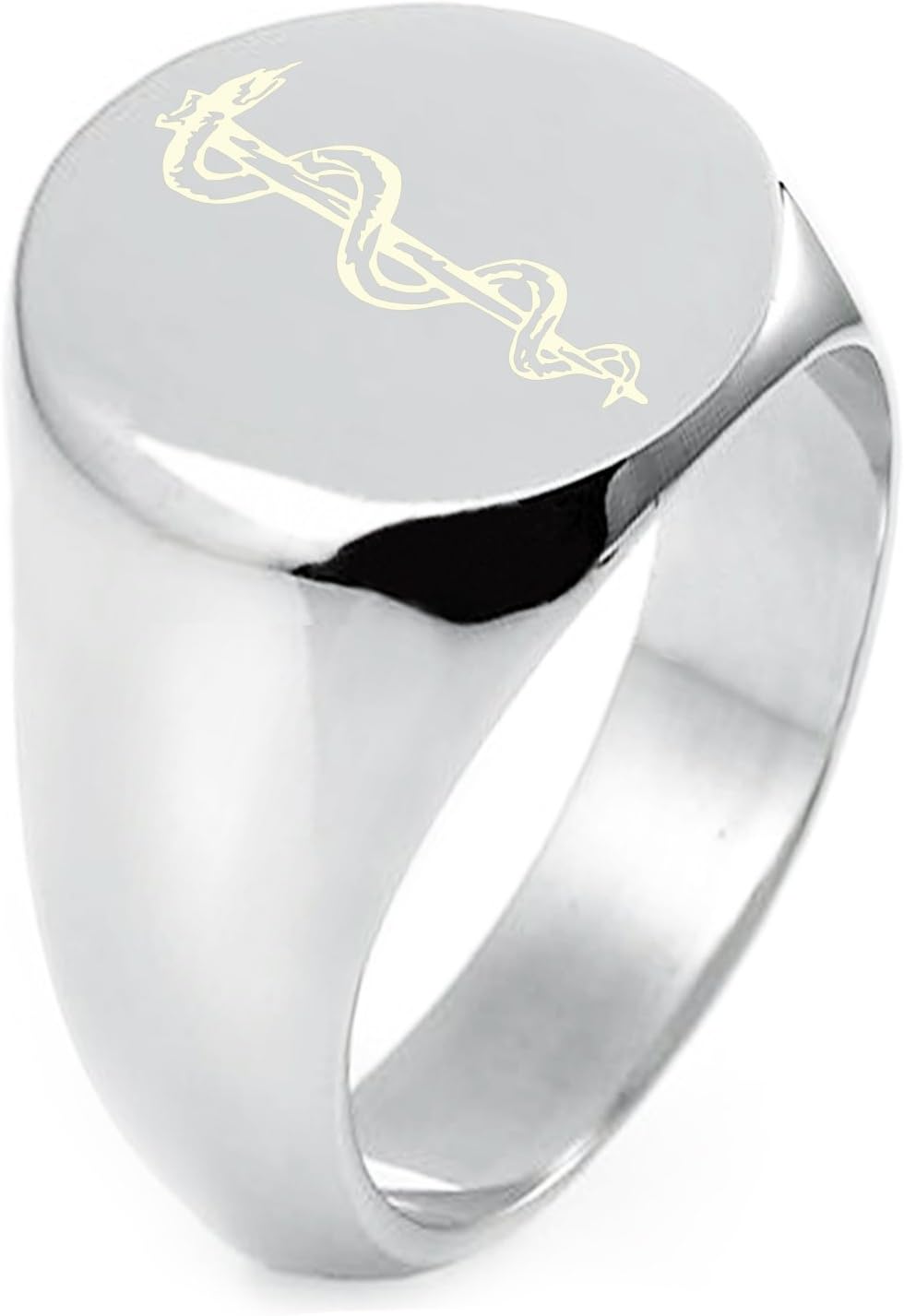 Sterling Silver Rod of Asclepius Symbol Round Flat Top Polished Ring