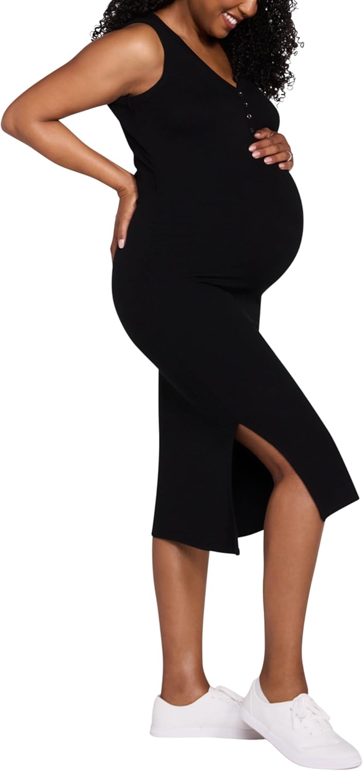 Motherhood Maternity Womens Sleeveless Henley V-Neck Rib Knit Midi Bodycon Pregnancy Dress