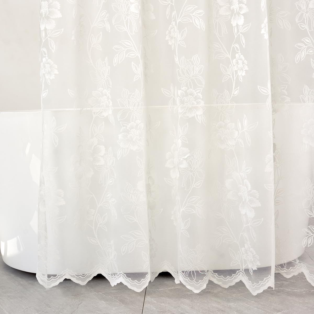 FINECITY Ivory Lace Shower Curtain for Bathroom, Rustic Vintage Lace Shower Curtain with Attahced Valance, Sheer Shower Curtain Panel, 72 x 72 Inch, 1 Panel, Ivory