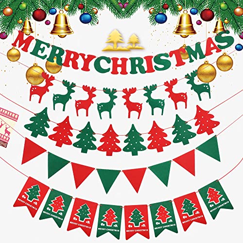 YONGORHEX 5 Stück Banner Weihnachten Merry Christmas Banner 3M Frohe Weihnachten Banner Weihnachten Girlande Banner mit Buchstaben, Elche, Wimpel, Weihnachtsbaum Element für Tür, Feuerstelle, Fenster Cover