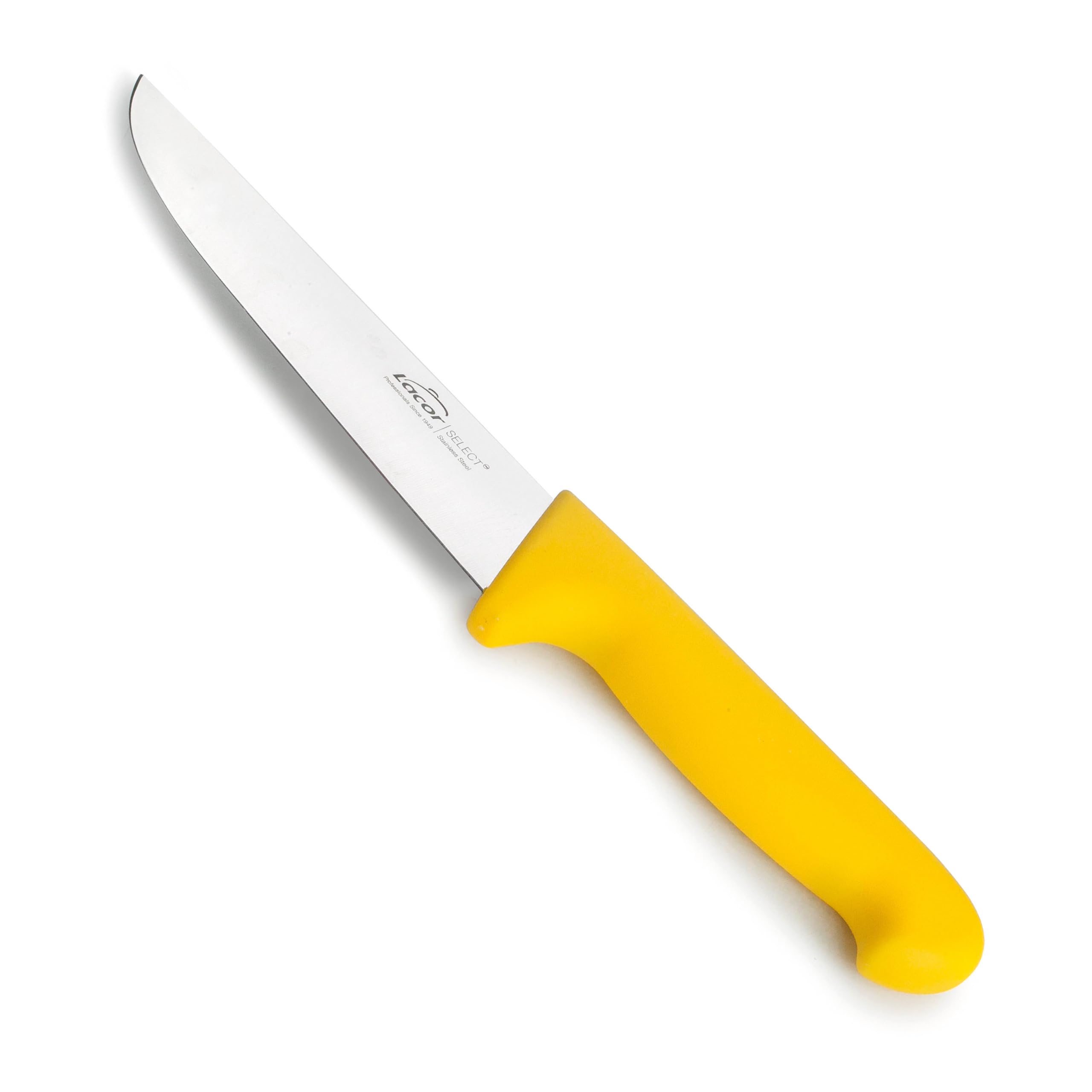 LACOR - 38331 - Cuchillo Carnicero Select, Cuchillo para Carnes Blancas y Aves, Acero Inoxidable, Corte Firme y Equilibrado, Mango Amarillo Ergonómico y Antideslizante de TPV, 17.5 cm