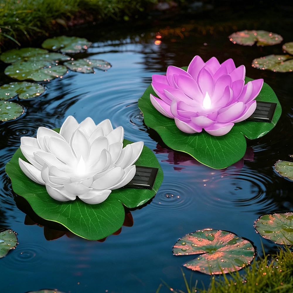 RNPKZ 2 Stück Schwimmende Blumen, Künstliche Seerosen, Wasserdichte Schwimmende Lotuslichter, Solar Seerose Schwimmend für Garten Hof, Schwimmbad, Brunnen und Aquarien, Outdoor-Dekoration (Weiß+Lila) Beleuchtung