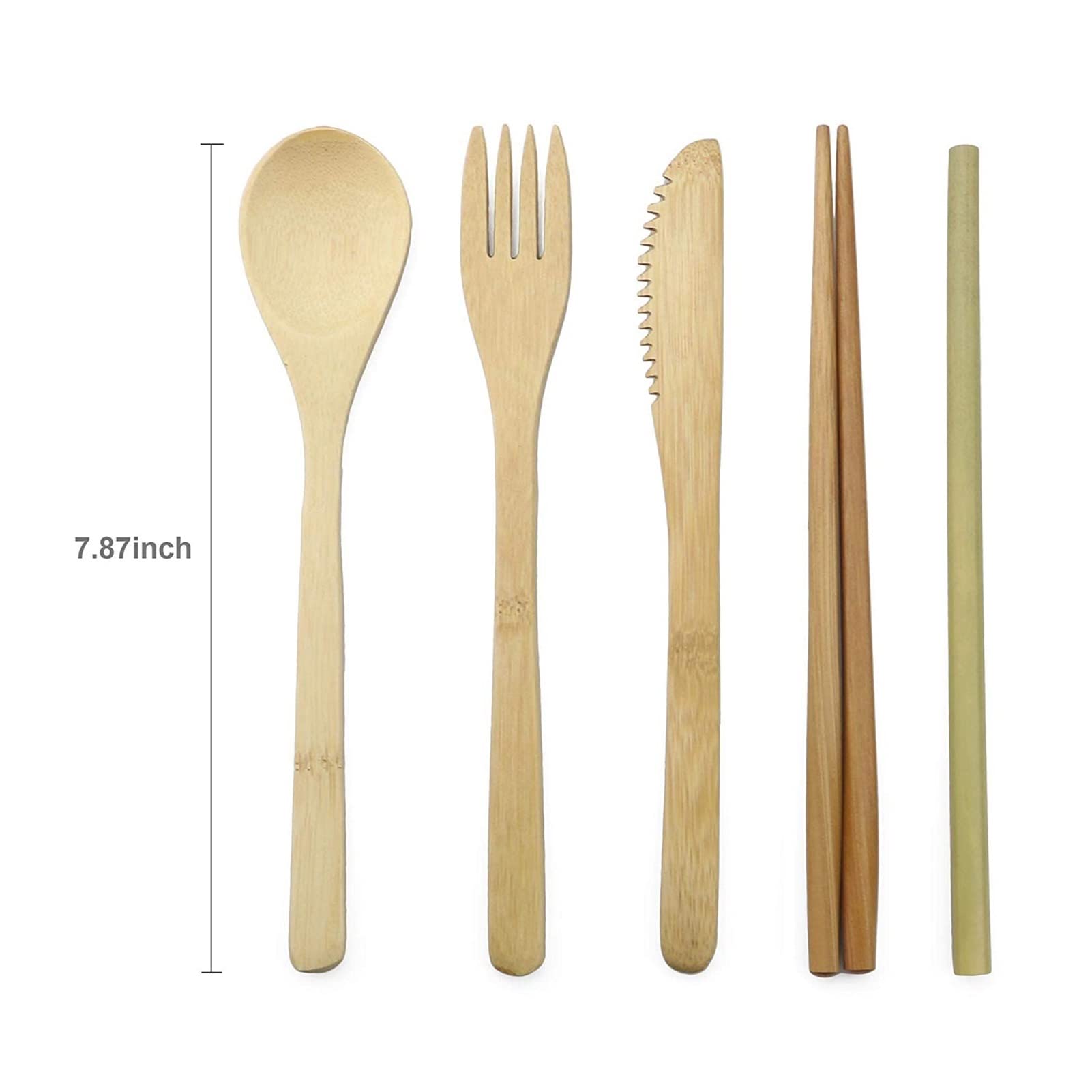 Ensemble de Couverts en Bois de fête 7 pièces Ensemble de Vaisselle en Paille de Bambou avec Sac en Tissu Couteaux Fourchette Cuillère Baguettes Voyage Exceptionnel