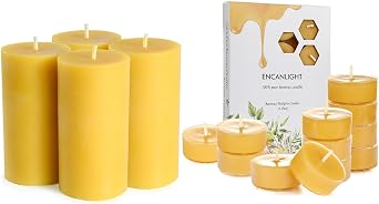 Natural Beeswax Pillar Candles 2x4 Inch, 4 Pack and Beeswax Tealight Candles 12 Pack