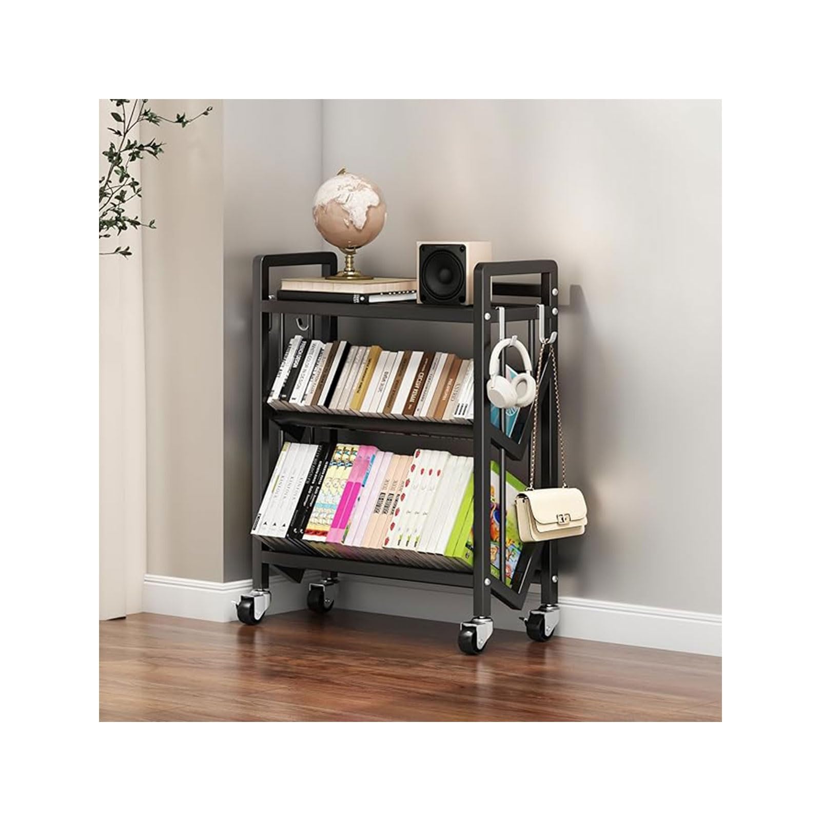 Book Carts with Wheels, Library Rolling Book Cart 2/3/4/5 Tier Movable Bookshelf Mobile Large Capacity L-Shaped Carbon Steel Organizer Rack for Office, Home, Classroom(Black,3 Tiers-27.6x9.8x32.1in)