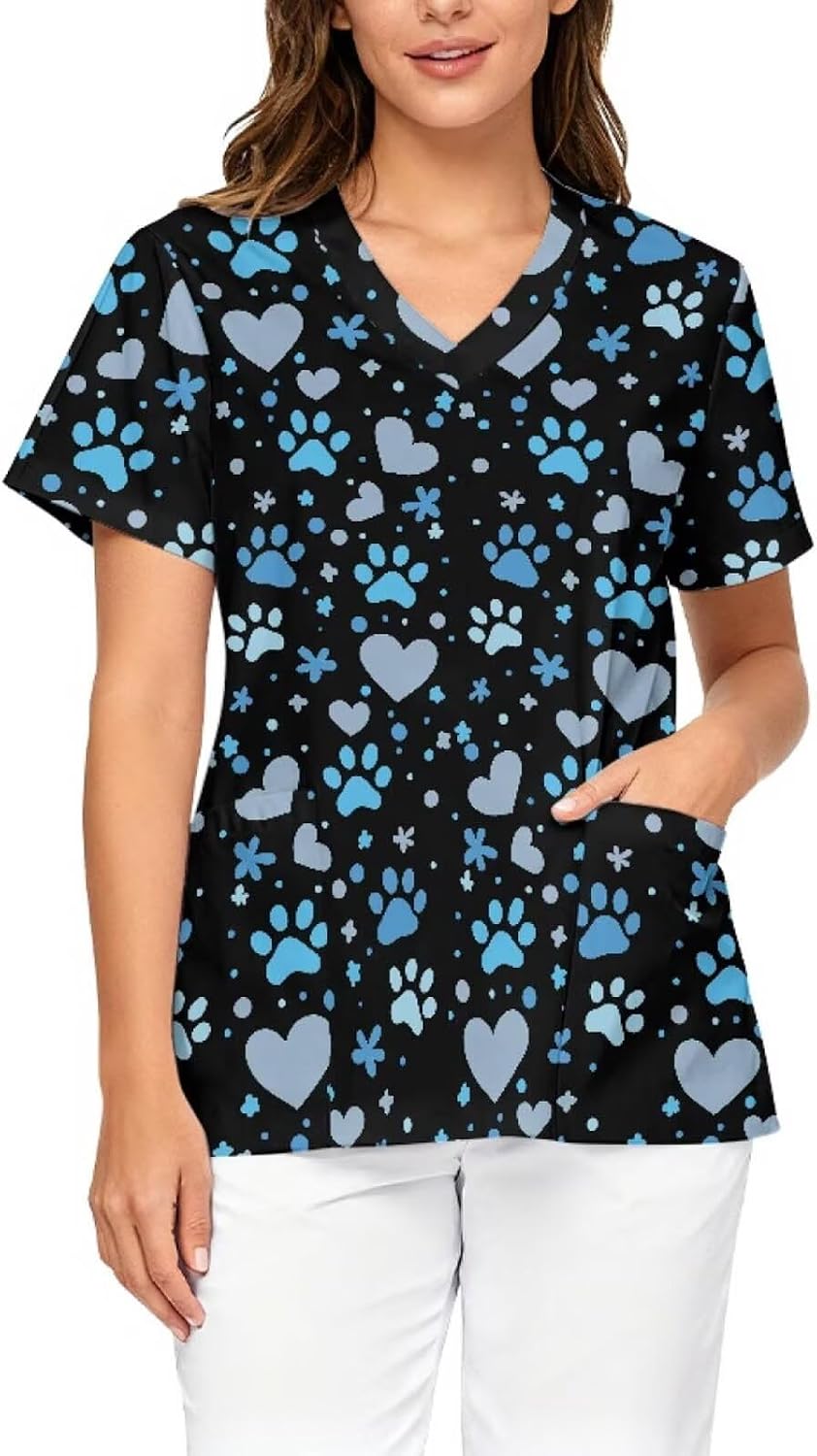 Womens Scrub Top Short Sleeve V Neck Comfort Fit 2-Pocket Healthcare Top Moisture-Wicking Medical Working Shirt