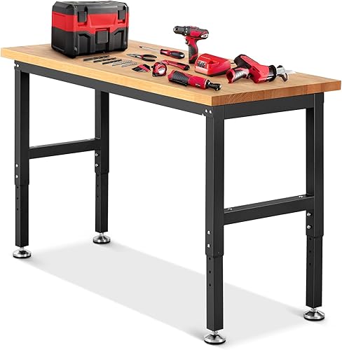 Banco de trabajo para garaje, mesa de trabajo de altura ajustable para carpintería de tienda, 60 x 22 pulgadas, parte superior de madera de goma