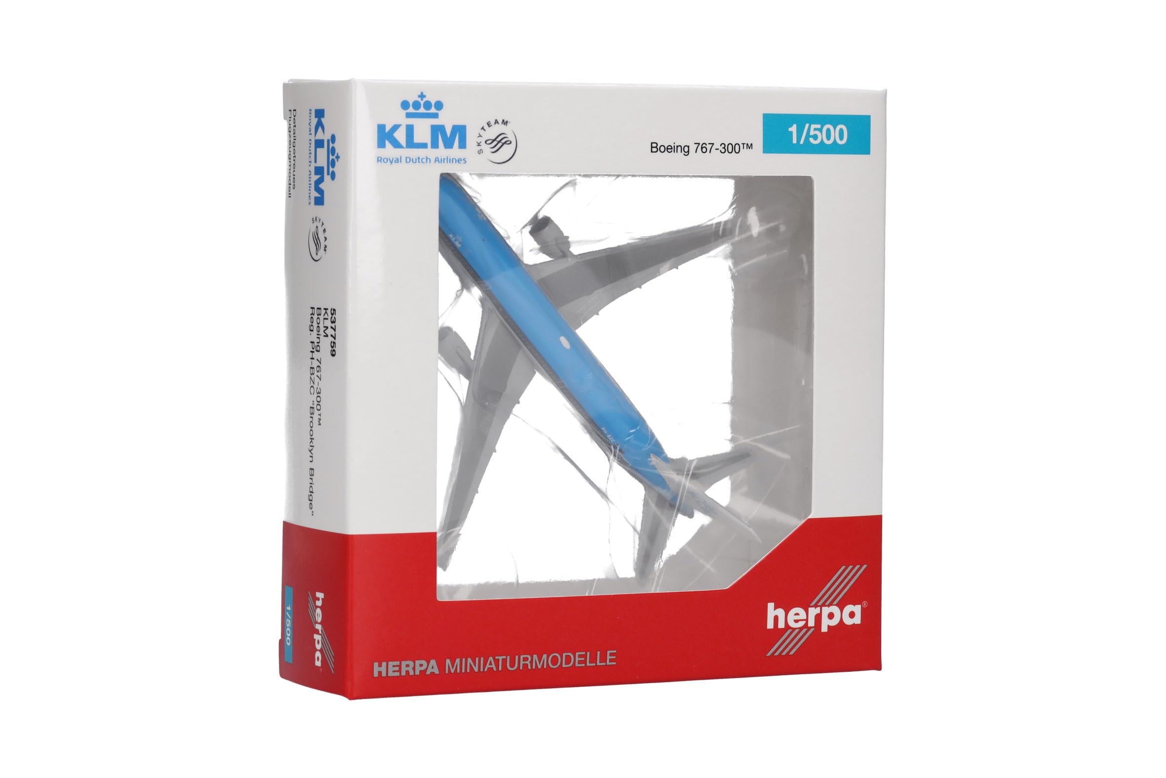 herpa Modelo de Avión KLM Boeing 767-300, Miniatura a Escala 1:500, Pieza de colección, Modelo sin Soporte, Metal