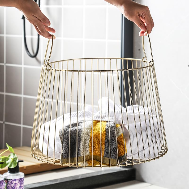 Wäschekorb Goldener Gusseisen-Metall-Aufbewahrungskorb for Zuhause, Hotel, Badezimmer, schmutzige Kleidung, Wäsche, Spielzeug, Kleinigkeiten, Organizer Wäschesammler