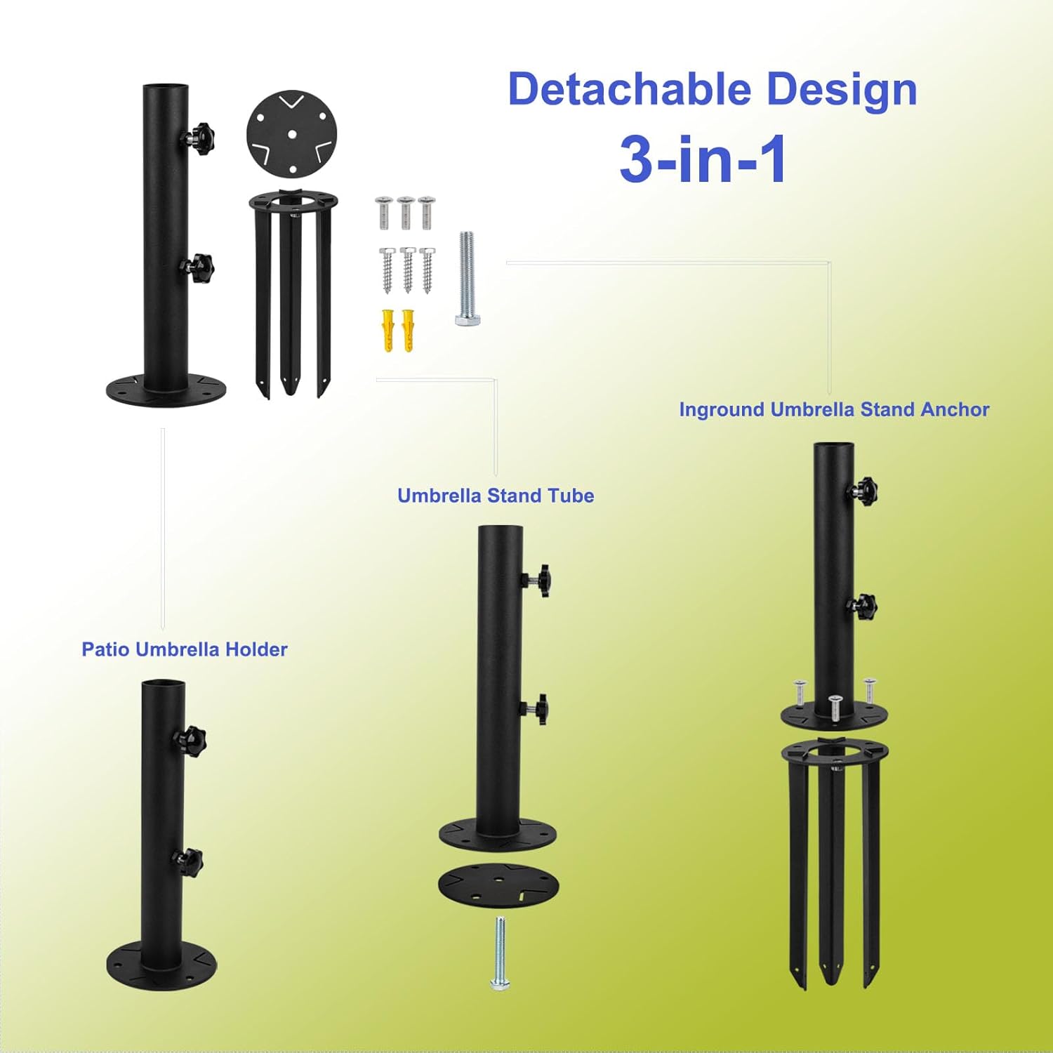 Patio Umbrella Base Stand, Metal Umbrella Holder Ground, Outdoor in Ground Parasol Base Mount with Ground Spike Fixing, Beach Umbrella Stand Anchor, Umbrella Stake for Garden,Deck,Yard,Lawn