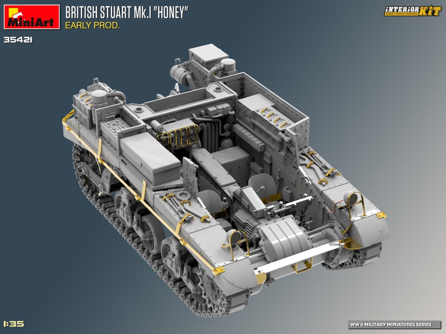 MiniArt 35421 1:35 Brit. Stuart Mk.I con interno – riproduzione fedele all'originale, modellismo, kit di costruzione in plastica, artigianato, hobby, incollaggio, modellismo, assemblaggio, non
