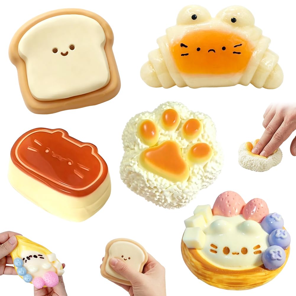 5 PCS Squishy Toys, Bread Squishy Set, Cute Breakfast Stress Relief Sensory Play Fidget, Stress Balls For Boys Girls, Soft Squeeze Fidget Toys, Birthday Gift for Anxiety Relief — image 1