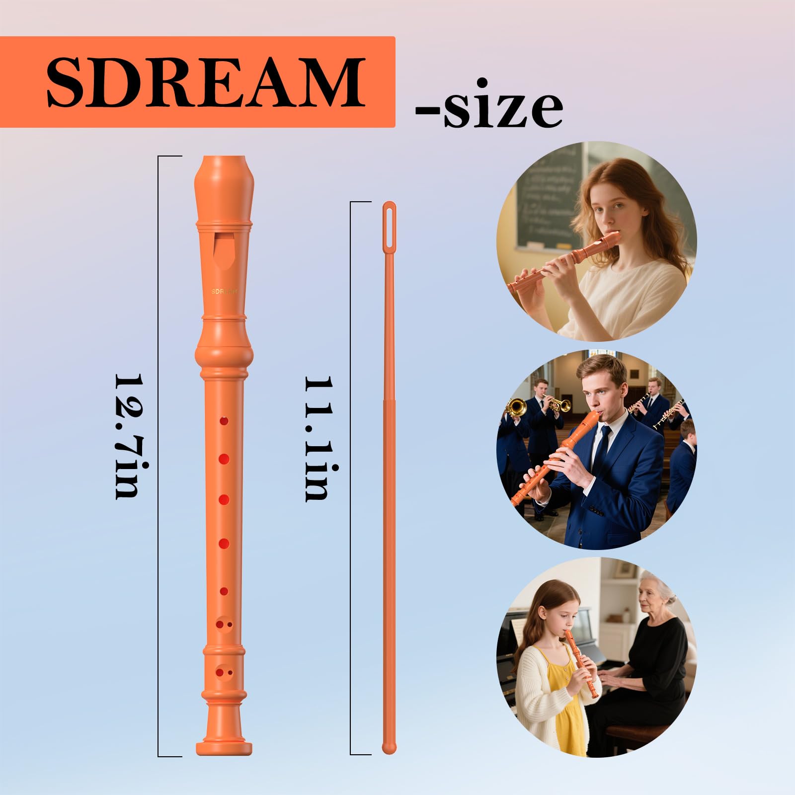 SDREAM Sopran-Blockflöteninstrument für Anfänger und Schüler, mit Reinigungsstab und Ledertasche, Orange