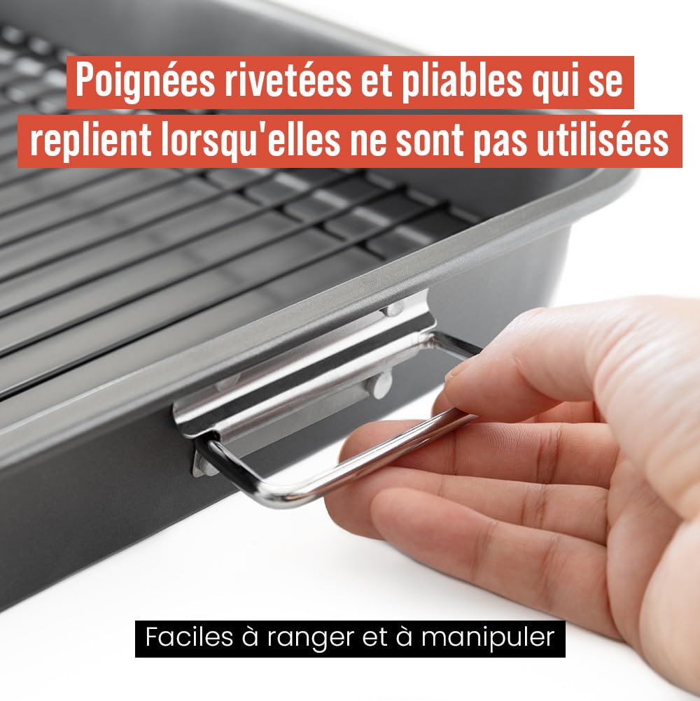 Chef Pomodoro – Grand Plat Four Antiadhésif avec Grille Four | Plaque Cuisson Four Rectangulaire avec Plateau, Plaque, Plat à Gratin, Lasagne – Acier Résistant – (41 x 29 cm)