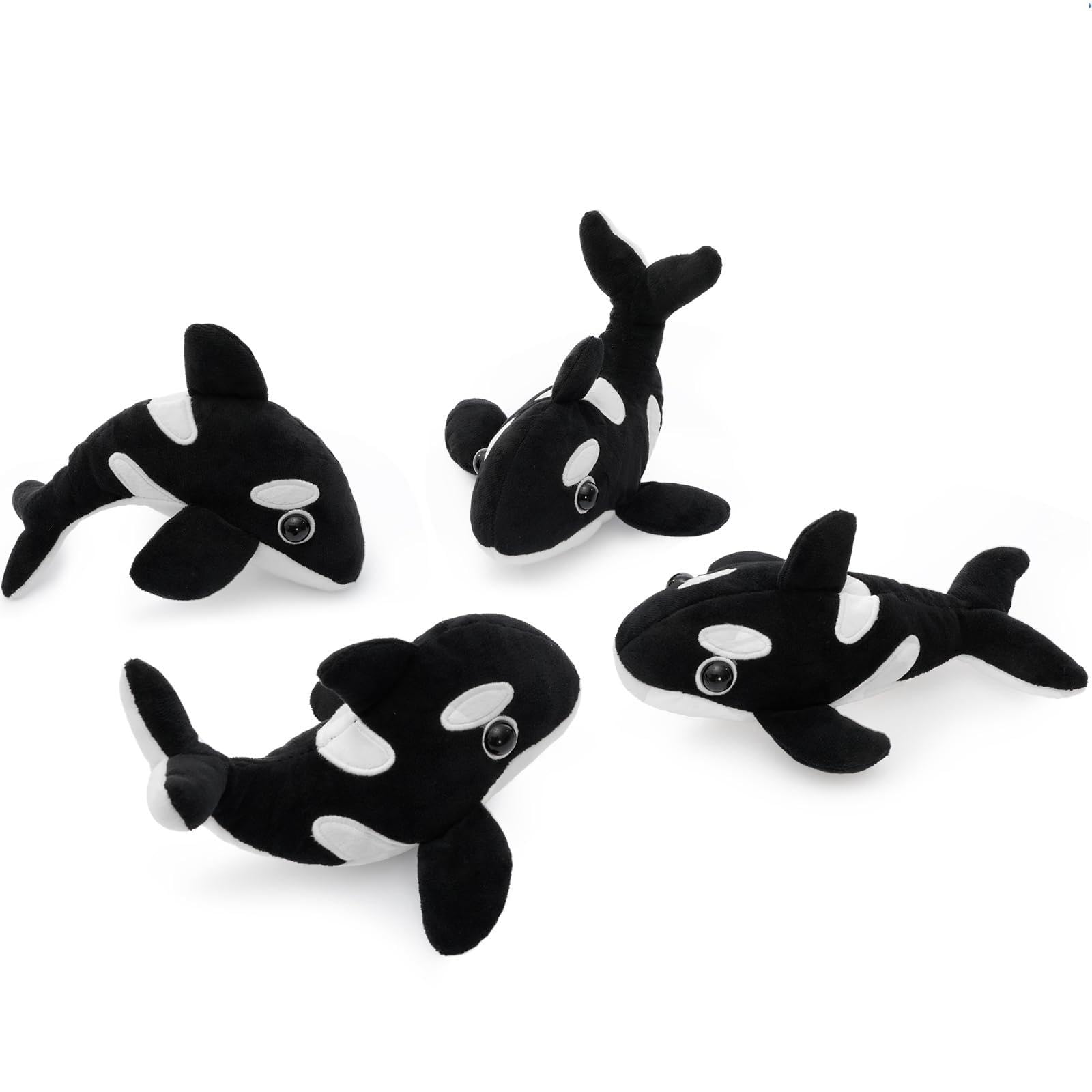 MorisMos 4Pcs Orca Stuffed Animal Plush Toys, 20 cm Black and White Killer Whale Soft Toy with Glow in the Dark Details, Mini Ocean Animal Plushies for Kids Party Gifts Birthday Christmas Prizes