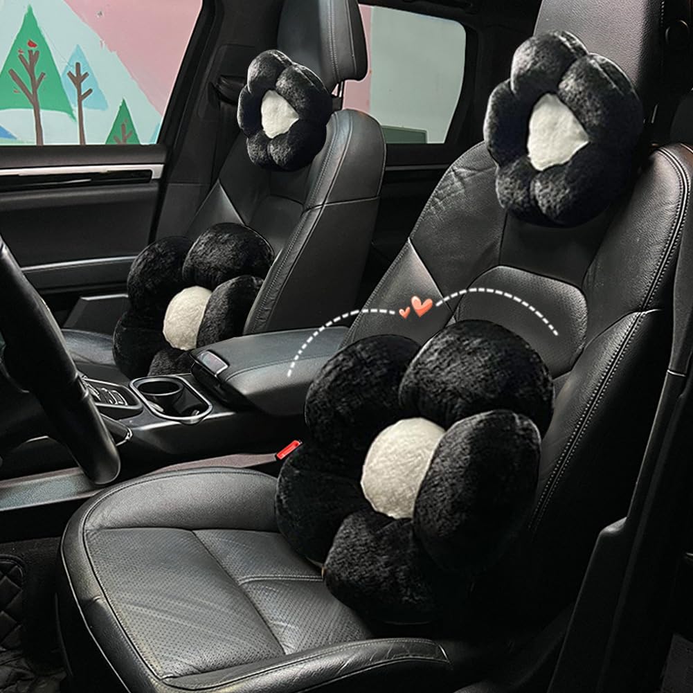 4 Stück Plüsch-Blumen-Auto-Kopfstützkissen und Lendenwirbelstützkissen, weich, bequem, Auto-Kopfstützenkissen, niedliches Autozubehör für Autofahren, niedliche Nackenkissen zum Autofahren,