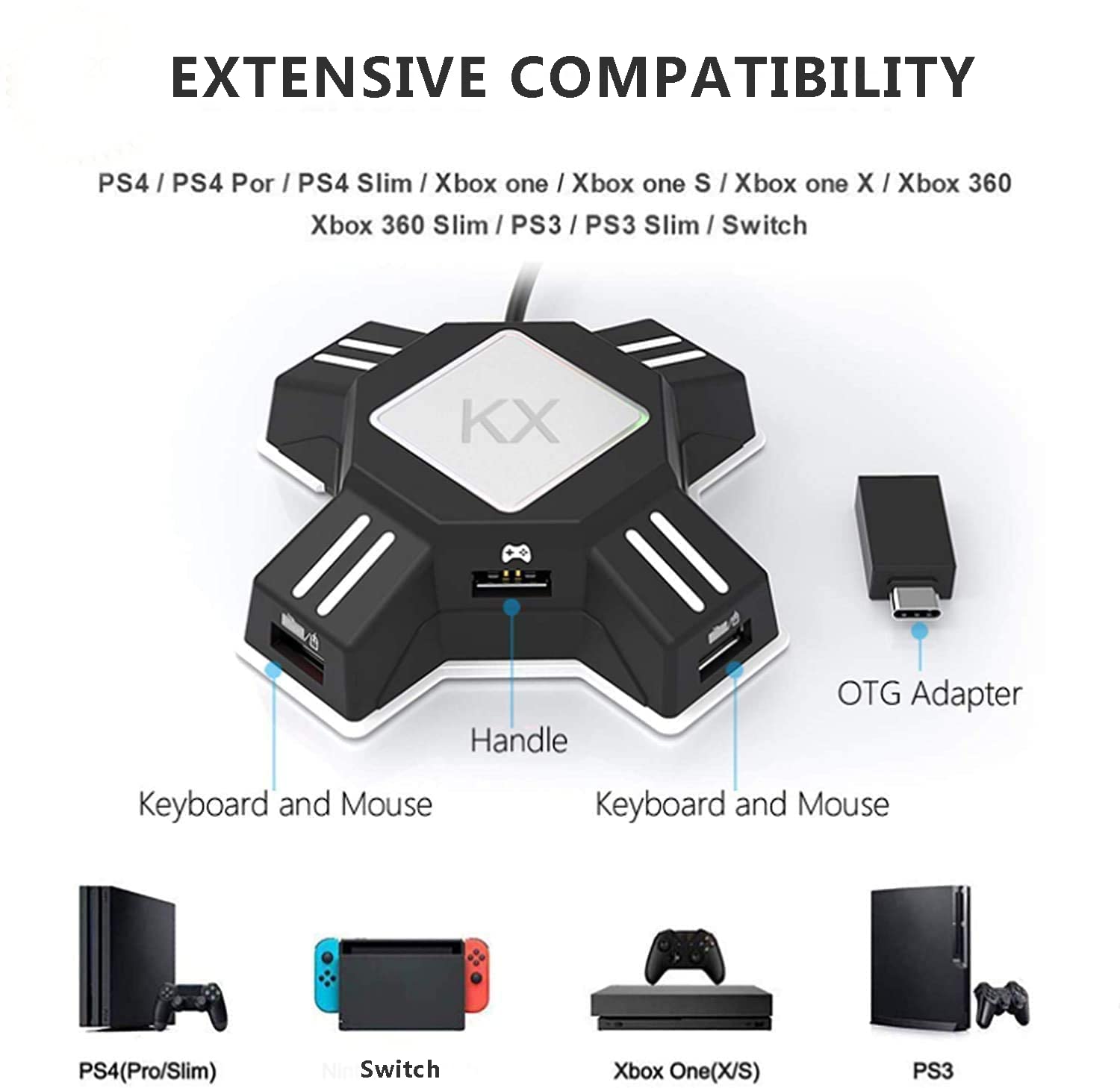 KX Gaming Mouse Tastiera Converter, Controller Adattatore per Mouse USB 2.0 Adattatore Tastiera Portatile Adattatore Compatibile con Nintendo Switch/PS4/Xbox One/Xbox One S/PS3