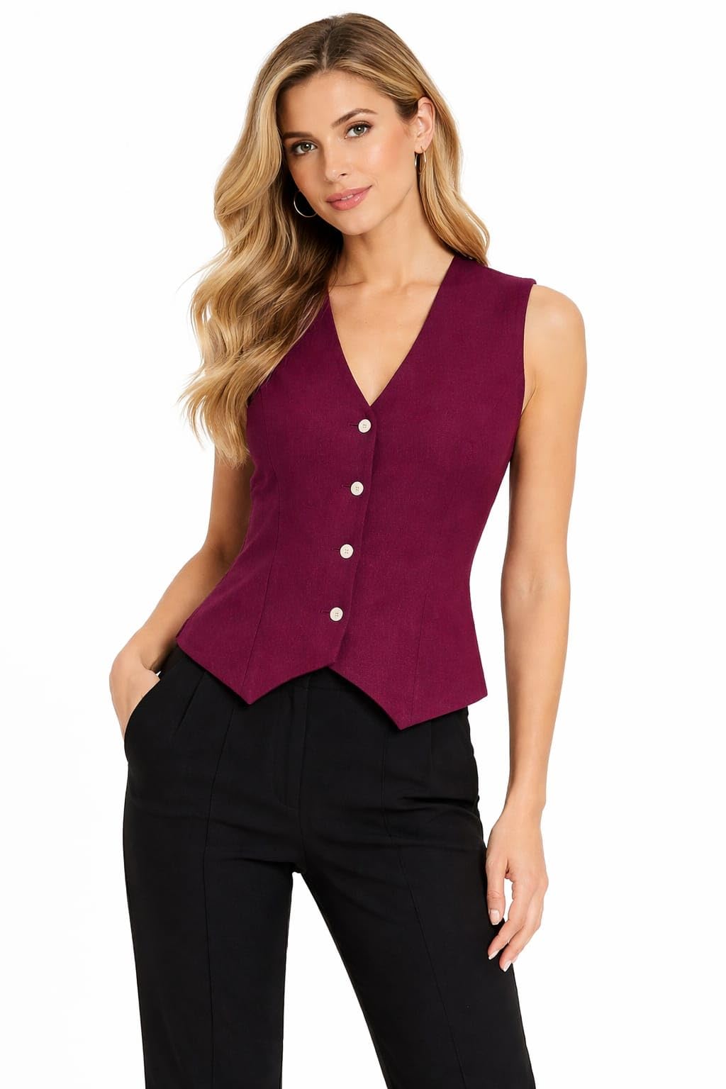 dna crafted with love Women Solid Sleeveless V-Neck Regular Fit Button Closure Waistcoat Top-picture-49