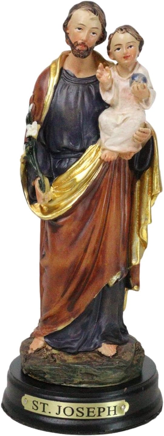 Ebros Colorful Saint Joseph Carrying Child Jesus Decor Figurine 5" Tall with Brass Name Plate Base Catholic Christian Nativity Holy Family Collectible Sculpture for Home Blessing and Protection