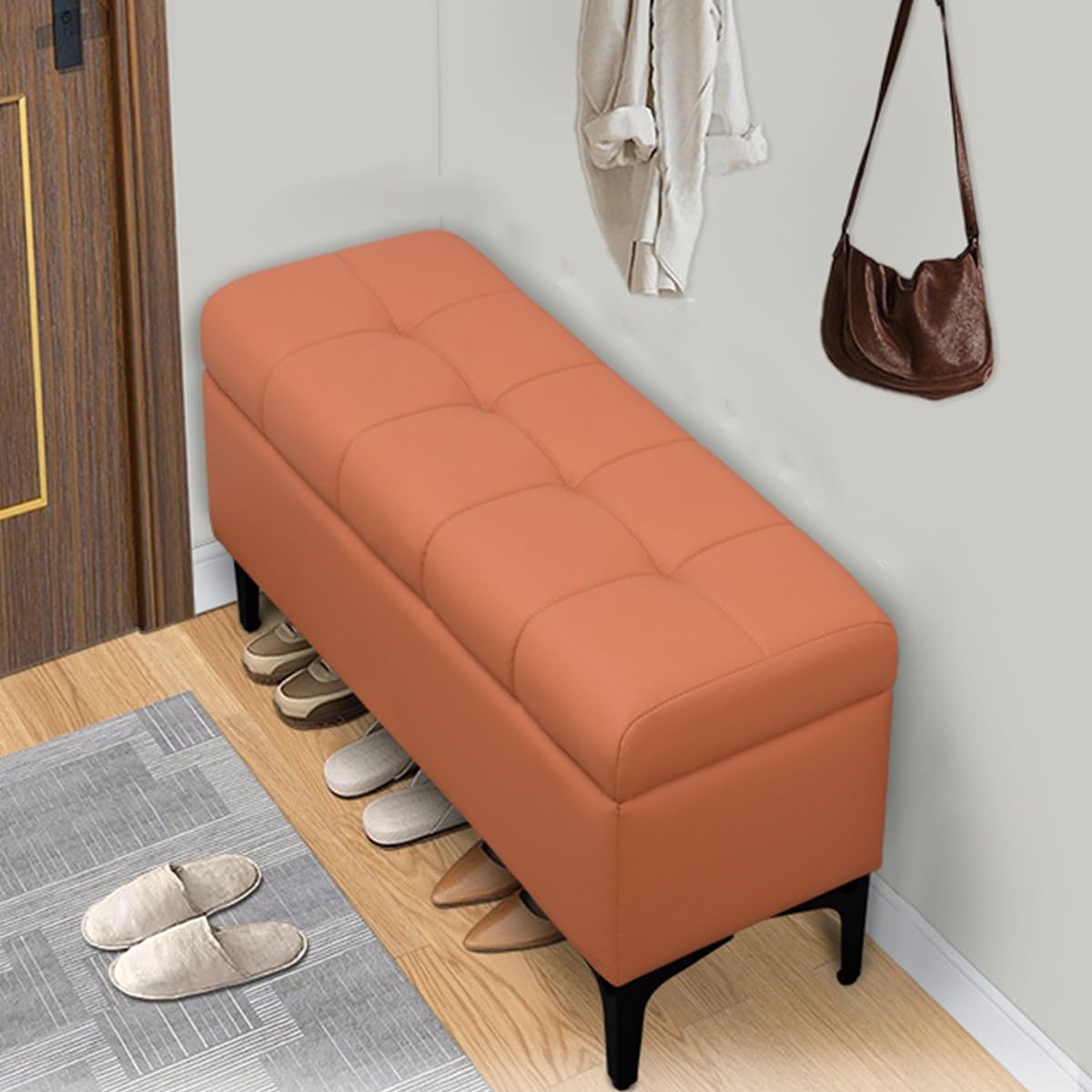 Banc de rangement rembourré en cuir compact pour petits couloirs