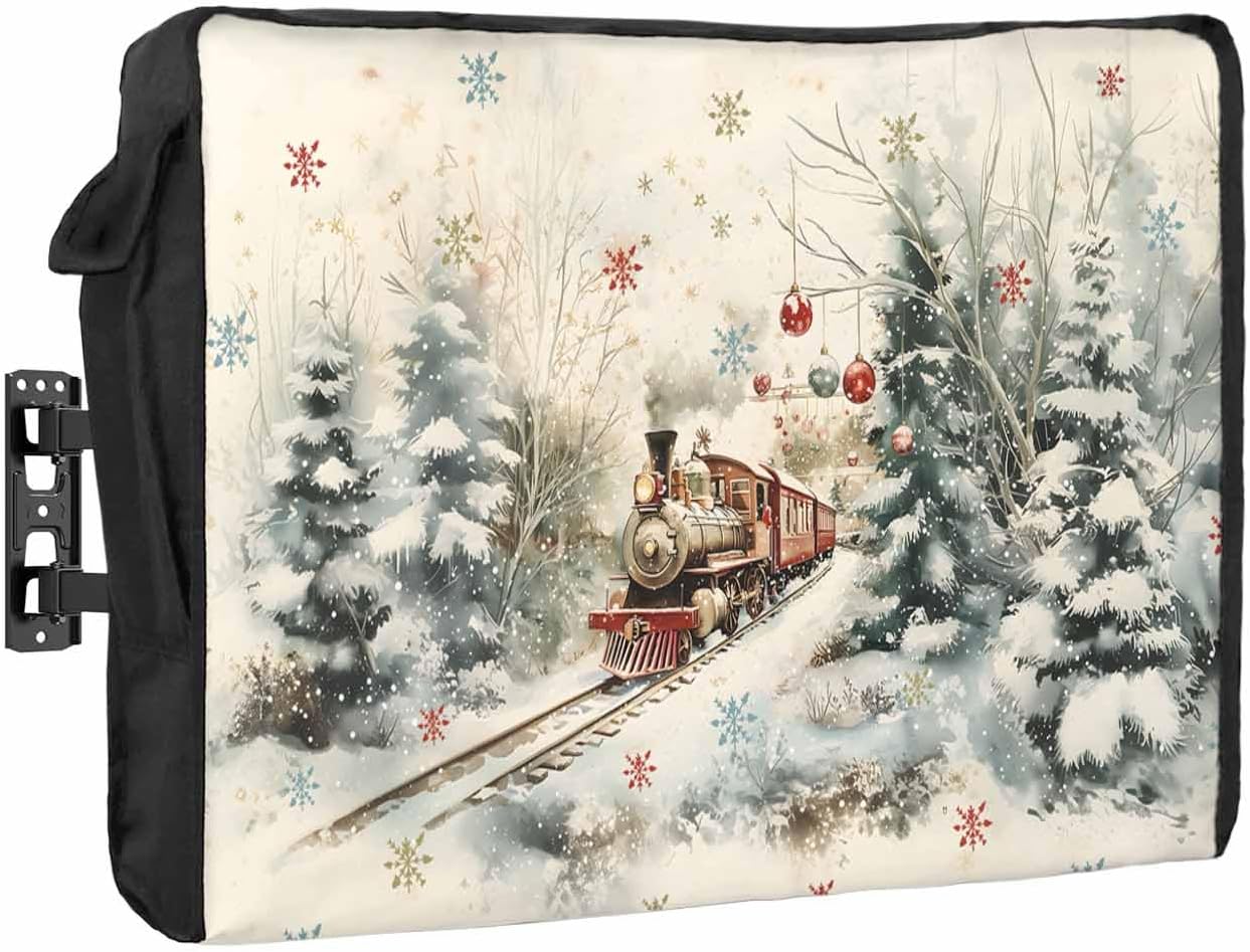 Christmas Snowflake Outdoor TV Cover 60"-65" - 600D Waterproof TV Cover Weatherproof TV Screen Protector Dustproof Winter Xmas Tree Train Balls Beige TV Display Protector for Outside Flat Screen TV