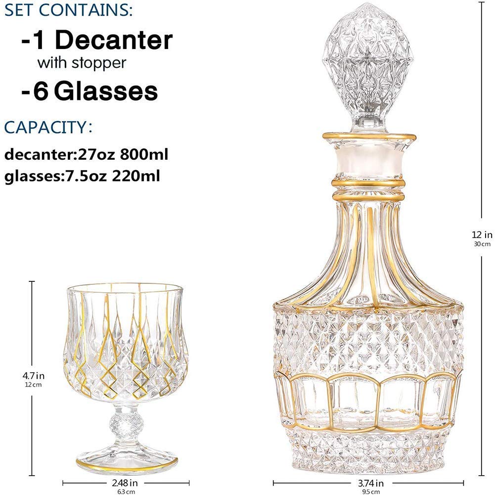 Genérico Juego De Decantador De Cristal, Copa De Whisky con Borde Dorado