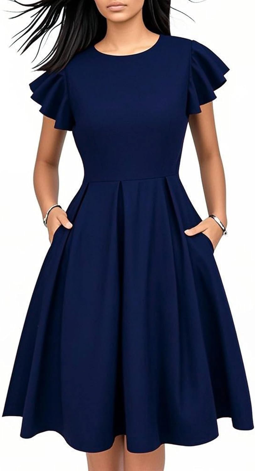 oxiuly Women's Flounce Sleeve Wedding Church Vintage Dresses Casual Floral Party Cocktail Work Dress with Pockets Fei376