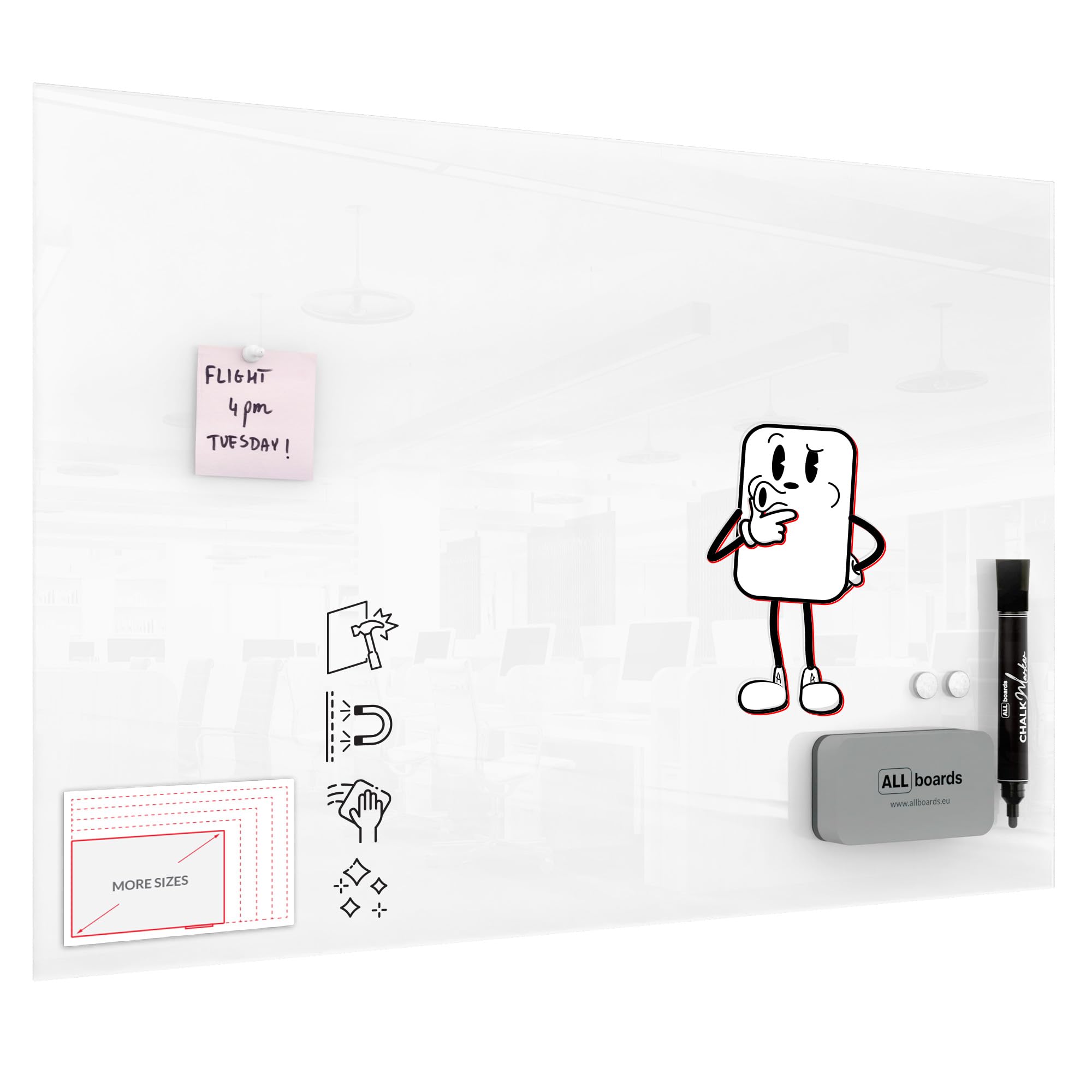 ALLboards Magnetic Super White Glass Board 90x60cm, Frameless, Glass Magnetic Whiteboard, Tempered Glass Writing Board