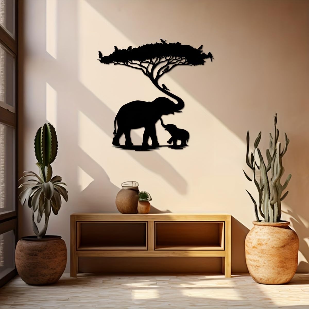 Decoración de pared abstracta contemporánea de metal, escultura Art Déco de madre y bebé elefante: elegante para el hogar moderno, regalo creativo para inauguración de casa, ideal 15.75" x 15.13"