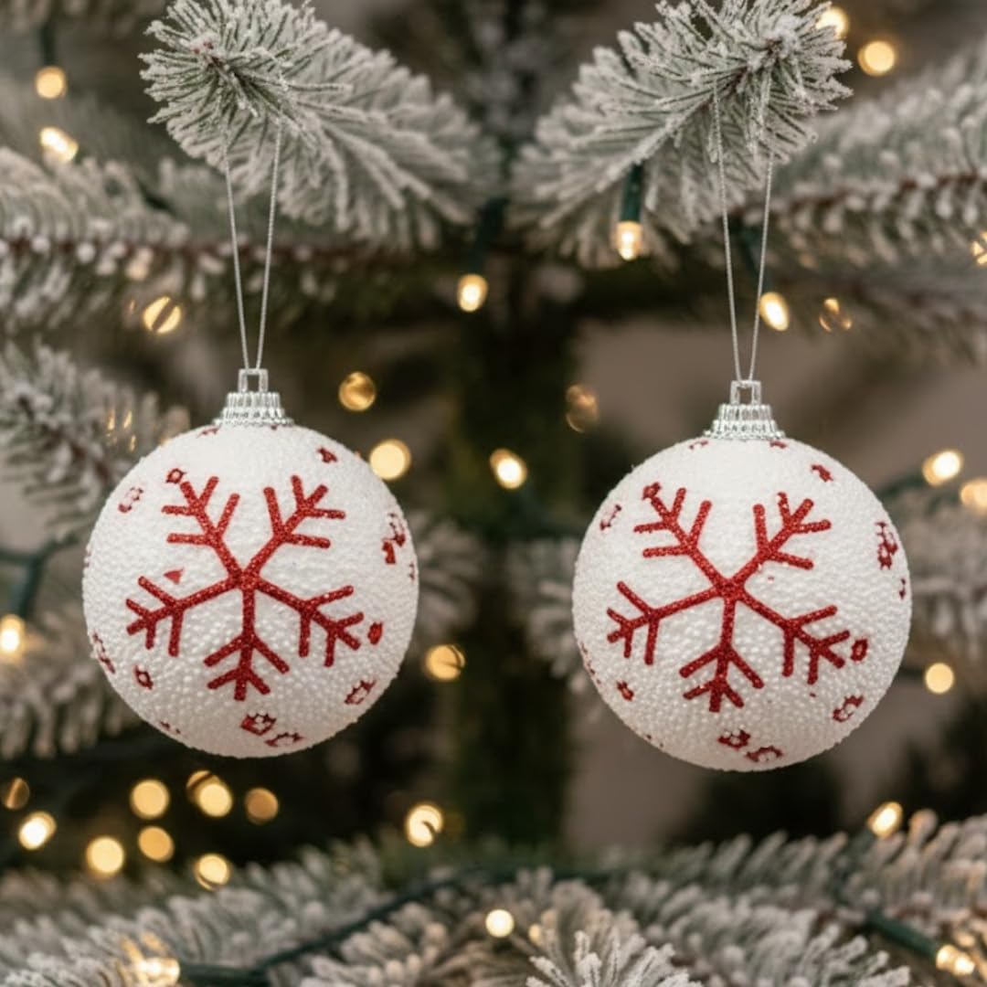 Wanna Party Christmas Glitter White Hanging Ball Ornaments Pack of 6 | Red Snowflake Xmas Tree Decoration Balls for Holiday Home, Party & Festive Celebration Decor 2