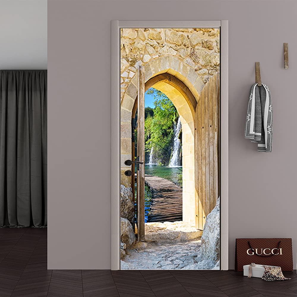 Poster de porte effet 3D cascade papier peint amovible PVC imperméable pour décoration 90x200