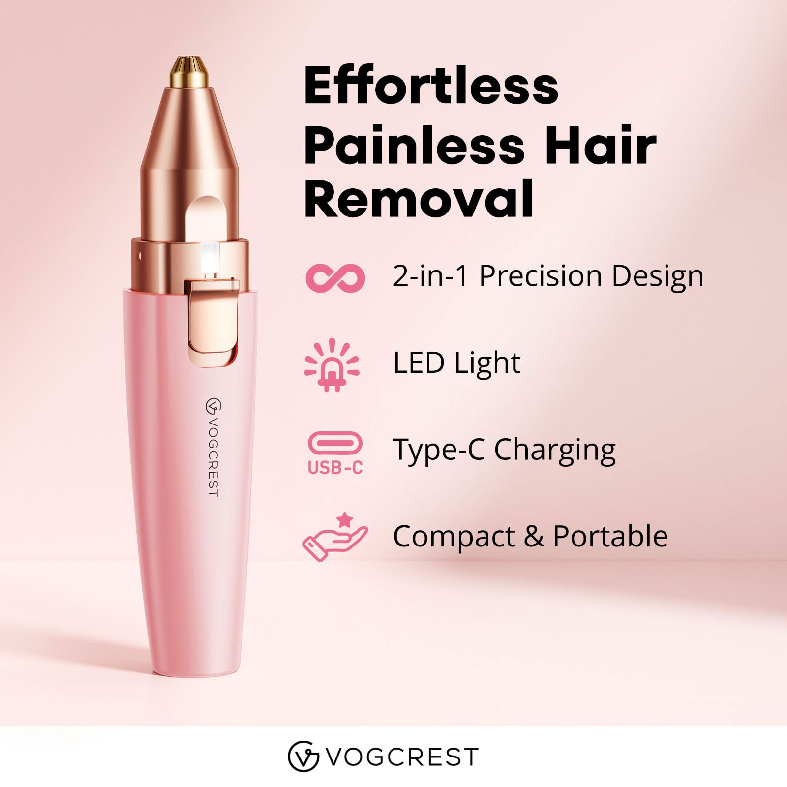 VG VOGCREST Rasoio viso per sopracciglia: 2 in 1 ricaricabile per la rimozione dei peli del viso e delle sopracciglia, rasoio per viso, labbra, corpo, indolore, con luce LED integrata (PINK)