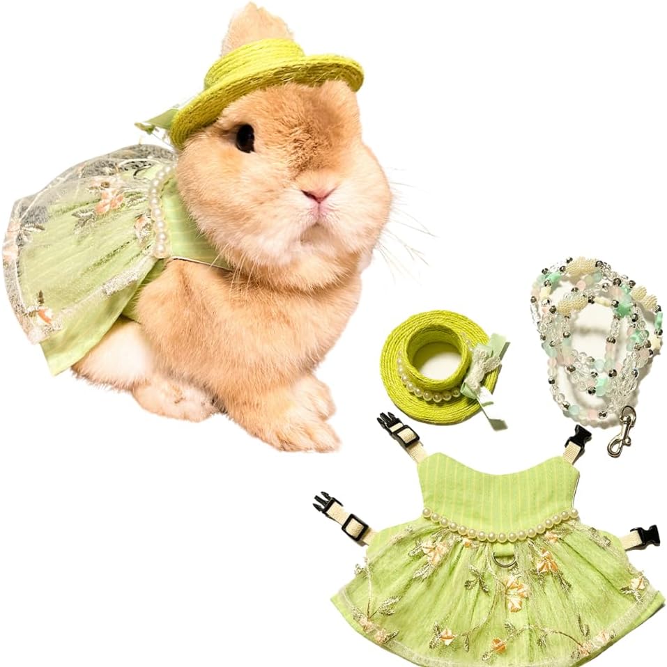 Rabbit Harness and Leash with Lovely Hat - Bunny Harness Escape Proof for Walking Running Hiking Camping Outdoor - Green Cute Small Animal Harness Leash Set (Medium)