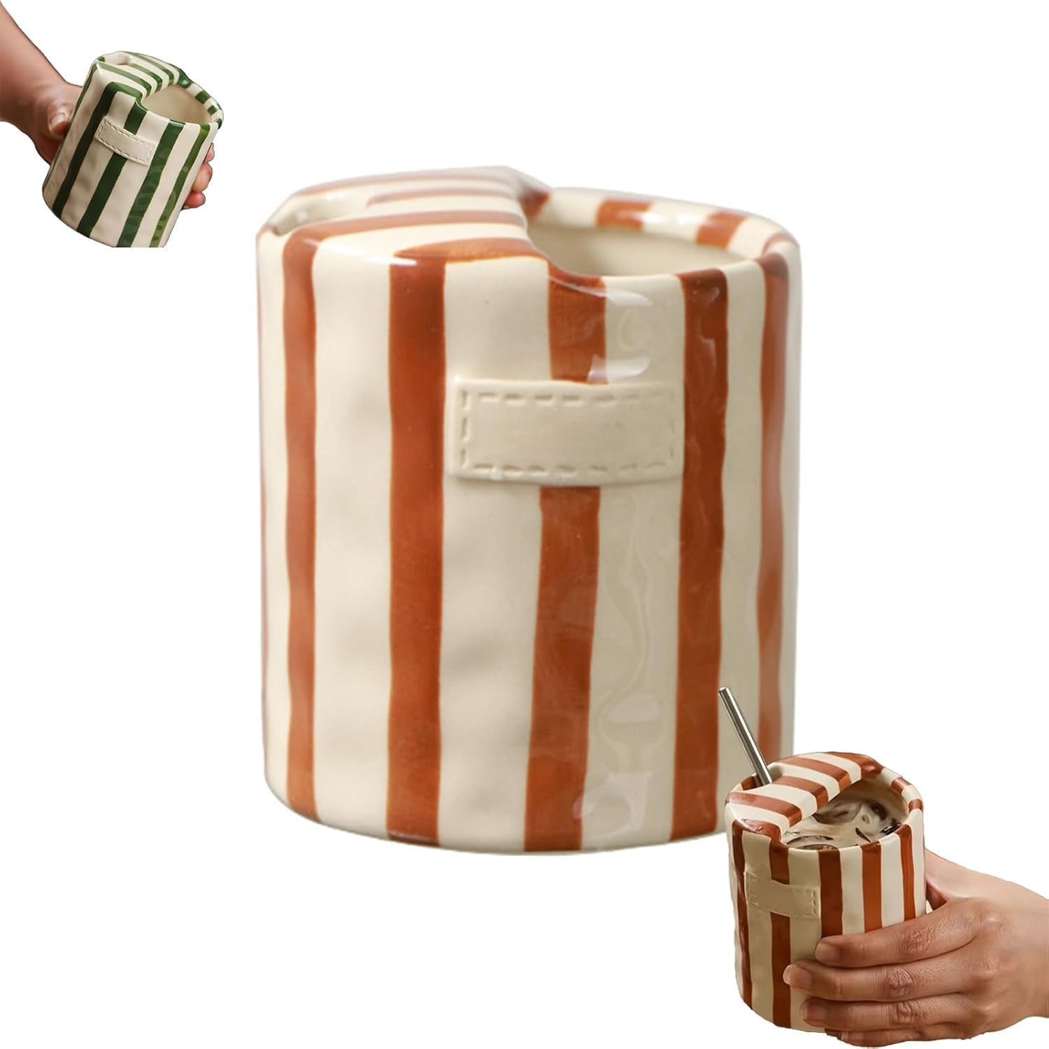 Retro Striped Hand-Painted Ceramic Mark Hand-Held Cup, 10oz Ceramic Coffee Mugs Porcelain Coffee Cup Hand-Painted Striped Art Multiple Use for Kitchen (Brown)