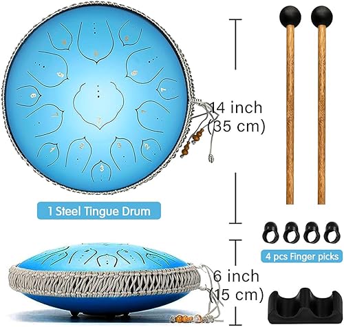 Miniatura 8 de Tambor de lengua de acero, tambor de lengua de 15 notas de 14 pulgadas, instrumento de tambor de lengua, tambor de mano con libro de música, mazos