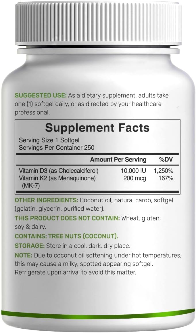 DEAL SUPPLEMENT Vitamin D3 10,000 IU + K2 MK7 200mcg Softgels, 250 Count | 2-in-1 Complex with Virgin Coconut Oil | Easy to Swallow - Image 8