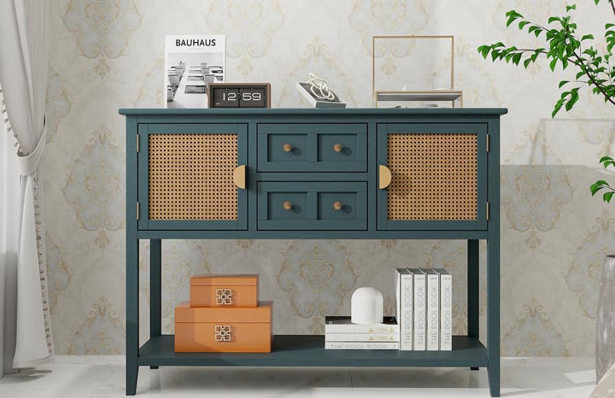 GarveeHome Rattan Entryway Table Console Table with Drawers, Accent Sofa Table Entryway Table with Cabinet Storage for Living Room, Hallway, Foyer, Kitchen, Green, 46.06" x 15.35" x 33.86"