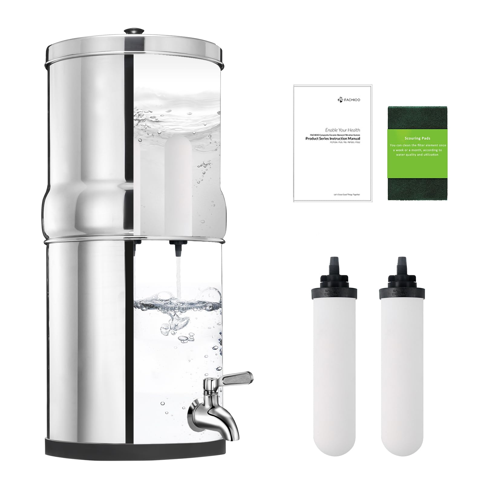 FACHIOO Gravity-fed Water Filter System, 2.25-Gallon Stainless Steel Alkaline Filter Countertop System with 2 Ceramics Filters and Metal Spigot, Reduces 99% Chlorine, King Tank Series