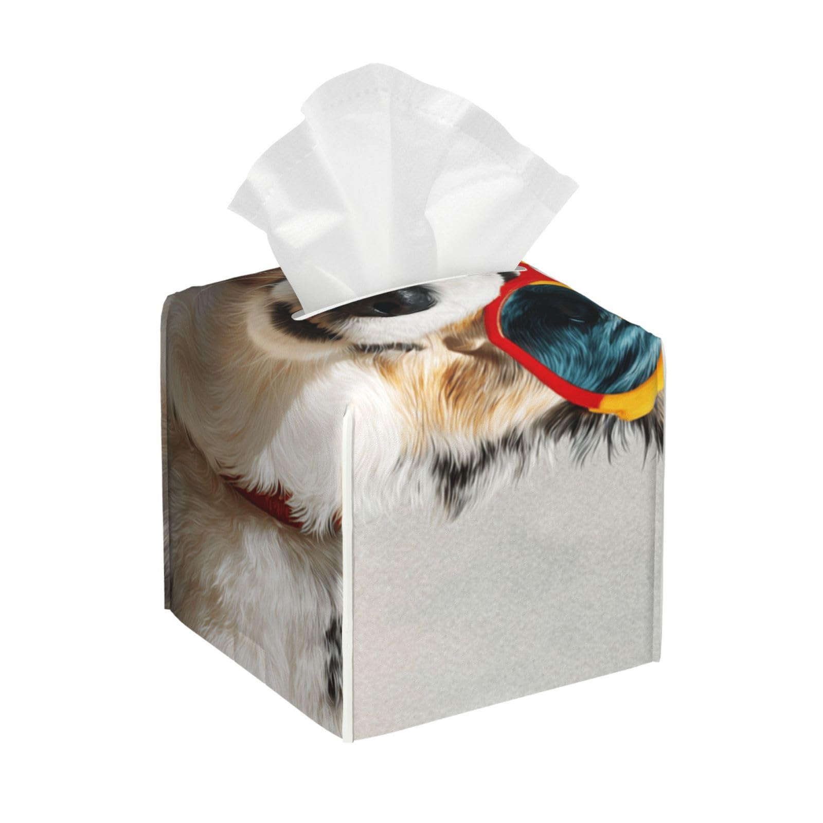 Cute Cool Dog Wearing Heart Sunglasses Tissue Box Cover Square Pu Leather Waterproof Tissue Box Holder for Car Bathroom Bedroom Office Tabletop Decor