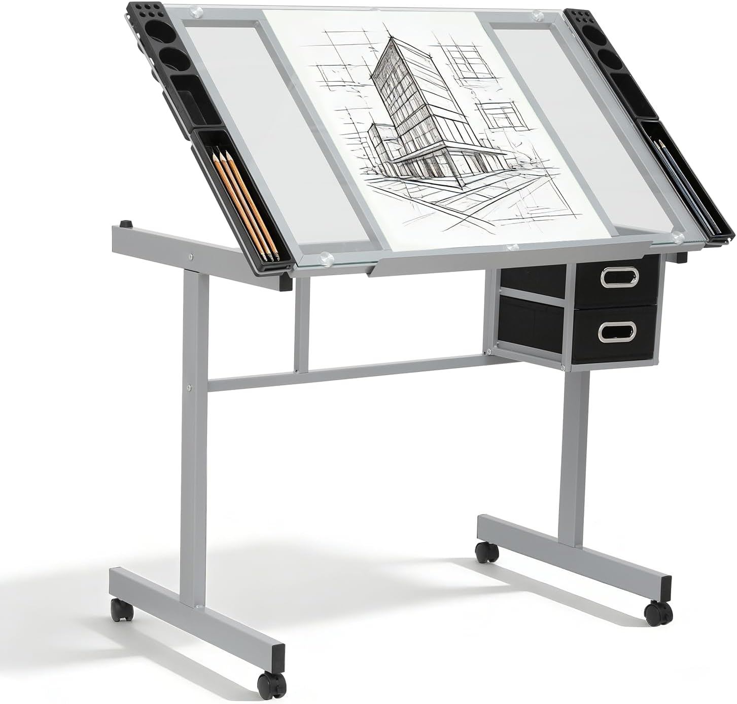 Professional Drafting Table for Adults Teens, Tilting Glass Tabletop Art Craft Desk Diamond Watercolor Paintings Sketching Work Station for Home Office Reading, Writing, Crafting (Clear)