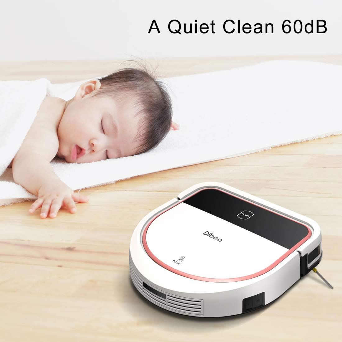 Dibea D500Pro Robotic Vacuum Cleaner operating quietly on a floor next to a sleeping baby, illustrating its low noise level.
